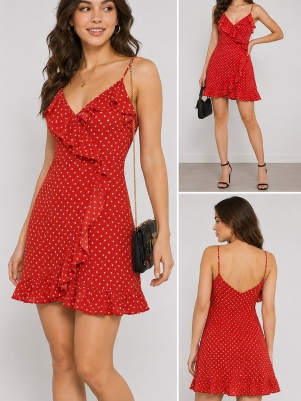 H&M Red Polka Dot Ruffle Wrap Mini Dress Size 6 Summer Date Night